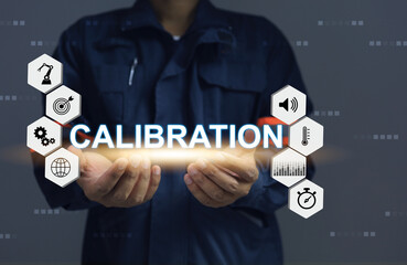 Engineer or lab staff with calibration icon this must be done at least once a year in order to control the accuracy of measuring instrument within the range specified by standard. ISO 17025 concept. - obrazy, fototapety, plakaty