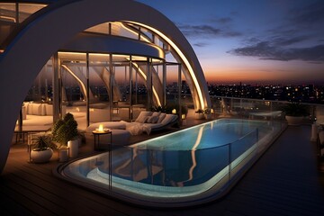 Luxurious Penthouse Terrace with Pool. AI