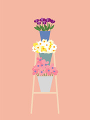 Flower bouquets on wooden staircase vector flat illustration