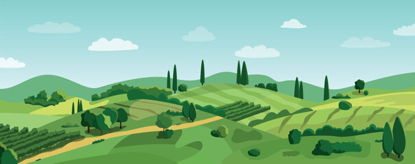 Italian vineyards cartoon landscape with green hills and fields. Vector illustration. Flat design banner. European summer rural scenery