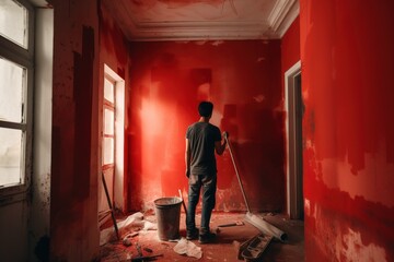 Obraz na płótnie Canvas Painting the walls with red color during room renovation . .Generative AI