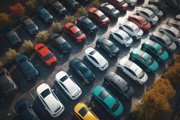 Fototapeta premium Parking lot with white and colored cars in separate groups .Generative AI