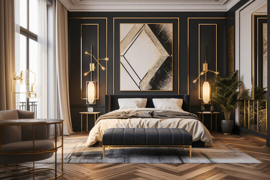 Luxury bedroom in art deco style with golden, black and white colors. Super photo realistic background, generative ai illustration