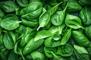 Fototapeta na wymiar Top view on fresh organic spinach leaves. Healthy green food and vegan background. 