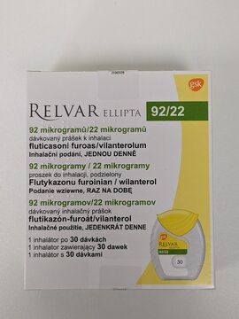 Prague,Czech republic-May 22 2023:GSK Relvar Elipta dry powder for inhalation on December 26, 2018 in Manila, Philippines. GSK (Glaxo Smith Kline) brand is a manufacturer of pharmaceutical products.