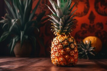  Watercolor pineapple on orange backdrop. . .Generative AI