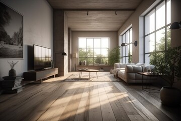 Fototapeta na wymiar White walled living room with wooden flooring and garden..Generative AI