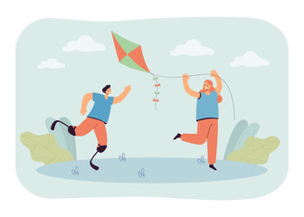 Children with disability playing outside vector illustration. Young man with prosthetic legs running after girl with flying kite. Diversity, inclusion, community, summer concept