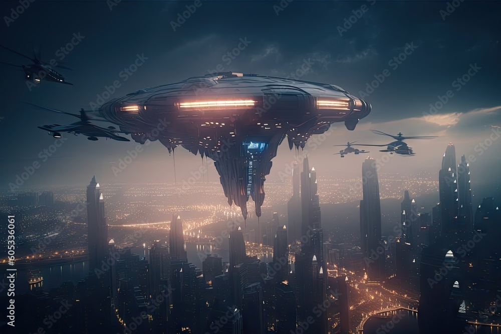 Poster cityscape with massive spaceship hovering above, ready to take off, created with generative ai