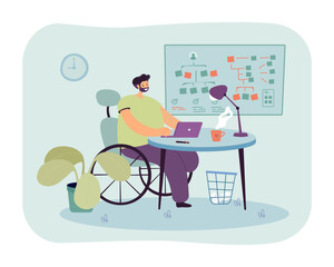Happy man with disability working from home vector illustration. Office worker in wheelchair typing on laptop. Remote work, self-employment, flexible schedule, diversity concept