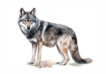 Naklejka na ściany i meble Gray wolf on white background in watercolor style. Generative AI.
