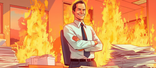 A smug CEO or businessman smiles while a fire burns in the background. Corporate waste, Corporate greed, Unfettered capitalism. Enron, FTX collapse. Cartoon. Generative AI - obrazy, fototapety, plakaty