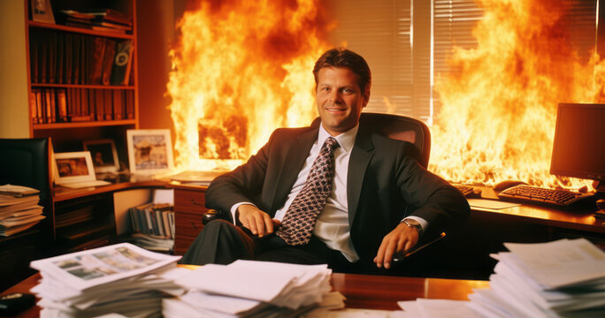 A CEO or businessman smiles while a fire burns in the background. Corporate waste, Corporate greed, mismanagement. Generative AI