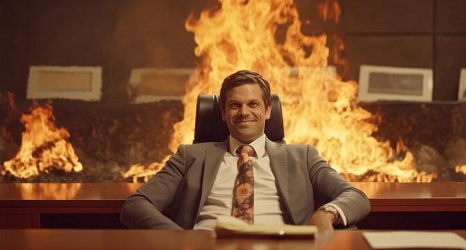 A smug overweight CEO or businessman smiles while a fire burns in the background. Corporate waste, Corporate greed, Unfettered capitalism. Enron, FTX collapse. Generative AI