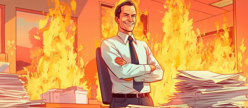 A smug CEO or businessman smiles while a fire burns in the background. Corporate waste, Corporate greed, Unfettered capitalism. Enron, FTX collapse. Cartoon. Generative AI