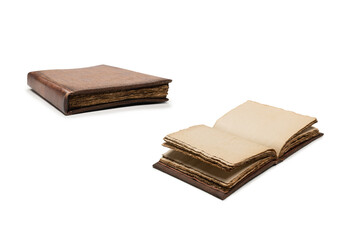 An open empty old notebook isolated on a white background.