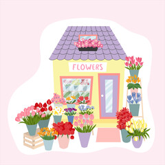Fototapeta na wymiar Floral market facade interior illustration. Flat style flower shop decorated with plants and flowers vector illustration.