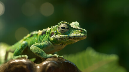 Obraz premium A green chameleon or lizard sitting on a rock. Big eyes. Generative AI