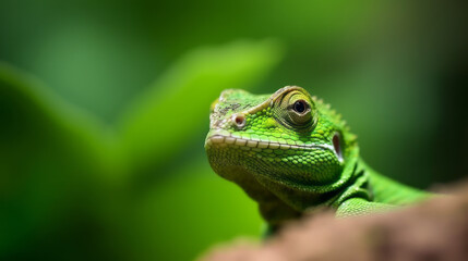 Fototapeta premium A green chameleon or lizard sitting on a rock. Head shot close up. Generative AI