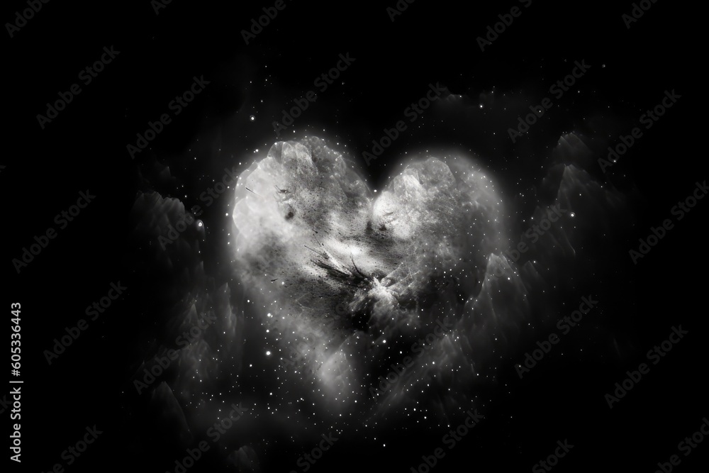 Sticker heart-shaped nebula with starry background in black and white, created with generative ai