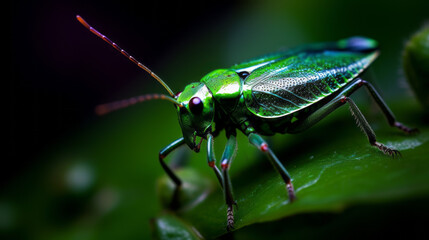 Fototapeta premium A green bug with antennae standing on a leaf. Close up shot. Generative AI.