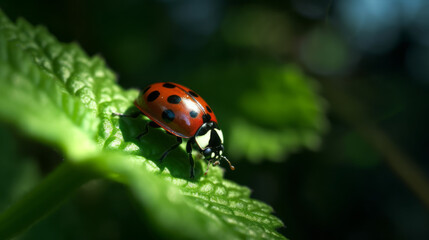 Obraz premium A red ladybug on a leaf. Extreme close up. Shallow depth of field. Nature. Environment. Sunlight. 