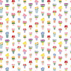 Vector different flowers bouquets seamelss pattern. Flat flowers in vases pattern. Tulips. roses, daffodils and irises