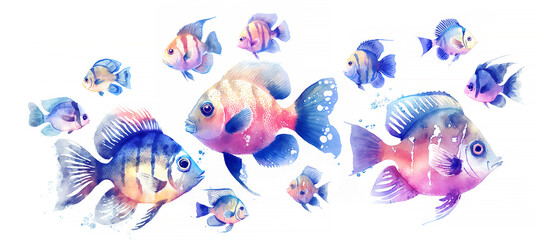 Little tropical coral fish watercolor illustration
