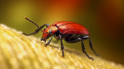 Fototapeta premium Macro Photo: Close-up of a Red Bug walking on a tree branch or a log. Generative AI.