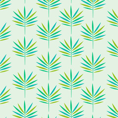 Beautiful Geometric tropical palm leaves seamless pattern in green and teal. For fabric, summer background, home decor and wallpaper 