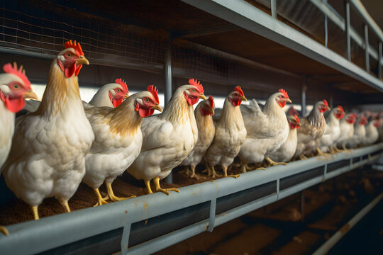 Poultry farm broiler farm with a group of adult laying hens in a modern livestock farm of the parent stock. Generative AI