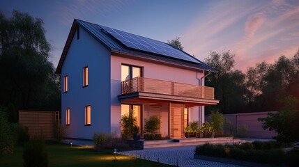 Family house with solar panels and sunrise solar energy system Sunset.