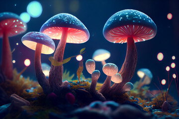 cartoon fantasy mushroom forest. Generative AI - obrazy, fototapety, plakaty
