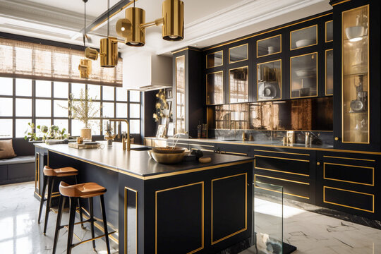 Luxury kitchen in art deco style with golden, black and white colors. Super photo realistic background, generative ai illustration
