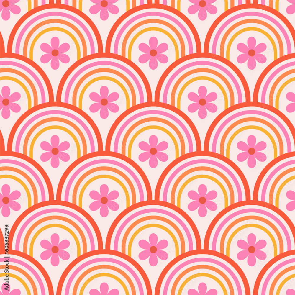 Wall mural retro pink cute flowers on rainbow shapes seamless pattern. for fabric, wrapping paper, wallpaper an