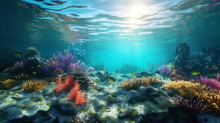 Obraz na płótnie Canvas Underwater Scene With Coral Reef Underwater Blue Tropical Seabed With Reef And Sunbeam