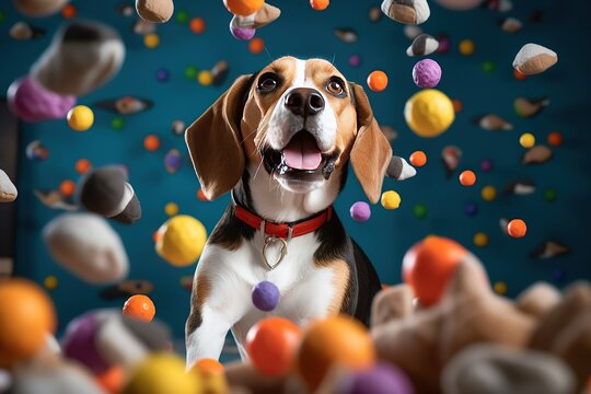Image of a beagle jumping out of the pile of toys with them flying all around.