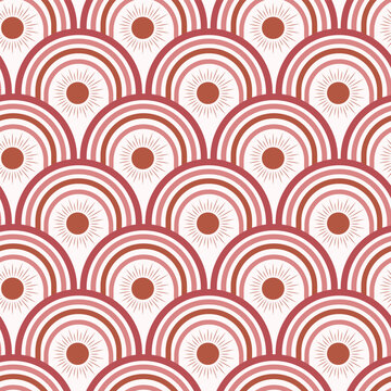 Abstract art deco terracotta sun with rainbows seamless pattern. For wallpaper, home decor and textile 