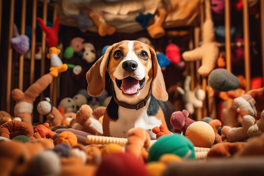 Image of a beagle jumping out of the pile of toys with them flying all around.