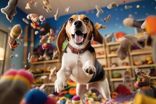 Image of a beagle jumping out of the pile of toys with them flying all around.