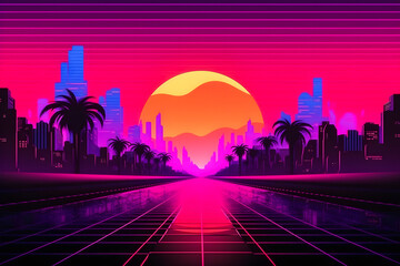 Synthwave Sunset Illustration: Cyberpunk Retro Neon Background with Easy Overlook