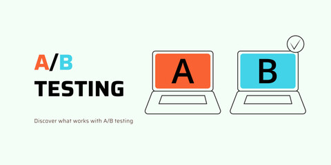 A-B Testing Banner on White Background. Stylish Experiment Banner with Black Text and Colored Icons for Business and Marketing - obrazy, fototapety, plakaty