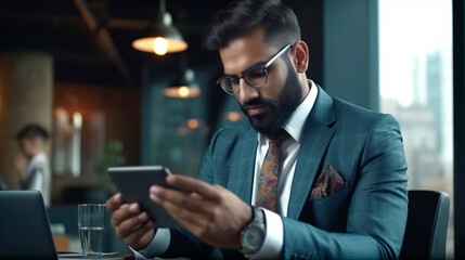 Motivated Indian businessman. man in a suit and tie using a cell phone. Generative Ai