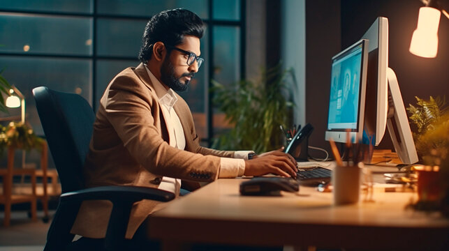 Motivated Indian businessman. man sitting at a desk using a computer. Generative Ai. 