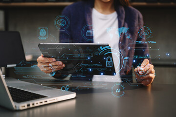 Network security. business using digital tablet and computer with digital padlock for data protection, internet technology networking and cyber security technology