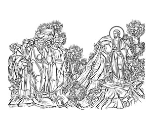 Post-Resurrection appearances of Jesus. The earthly appearances of Jesus to his followers after his death, burial, and resurrection. Coloring page on white background - obrazy, fototapety, plakaty