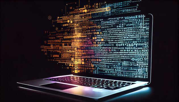 Laptop screen show abstract computer code. Generative AI