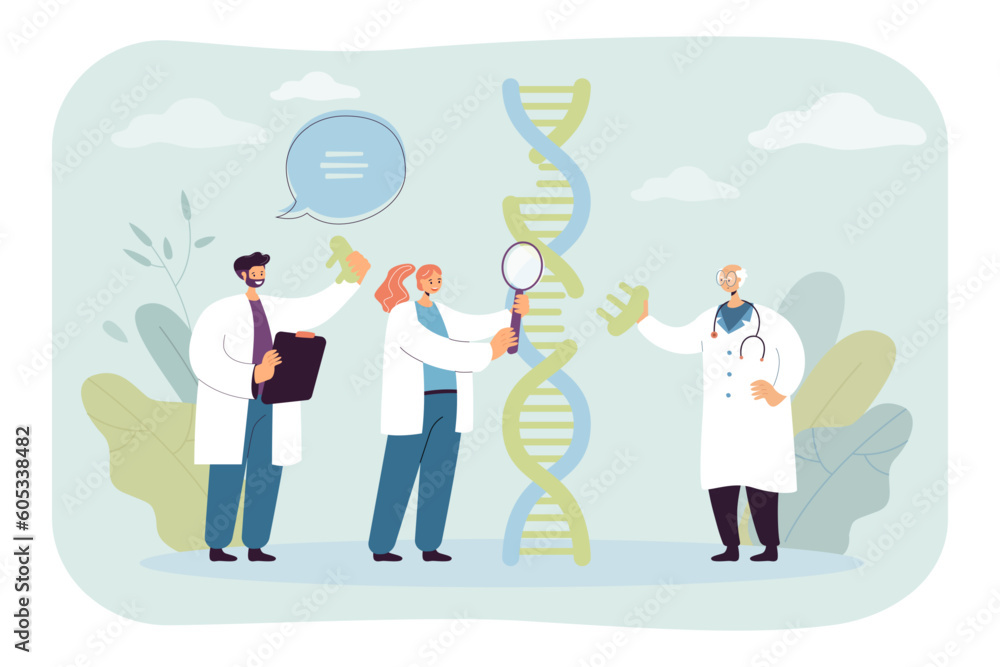 Wall mural tiny scientists studying genetics vector illustration. doctors discussing high-tech research methods