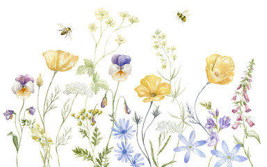 Watercolor Border with multicolor Wildflowers. Summer Illustration. - 605338415