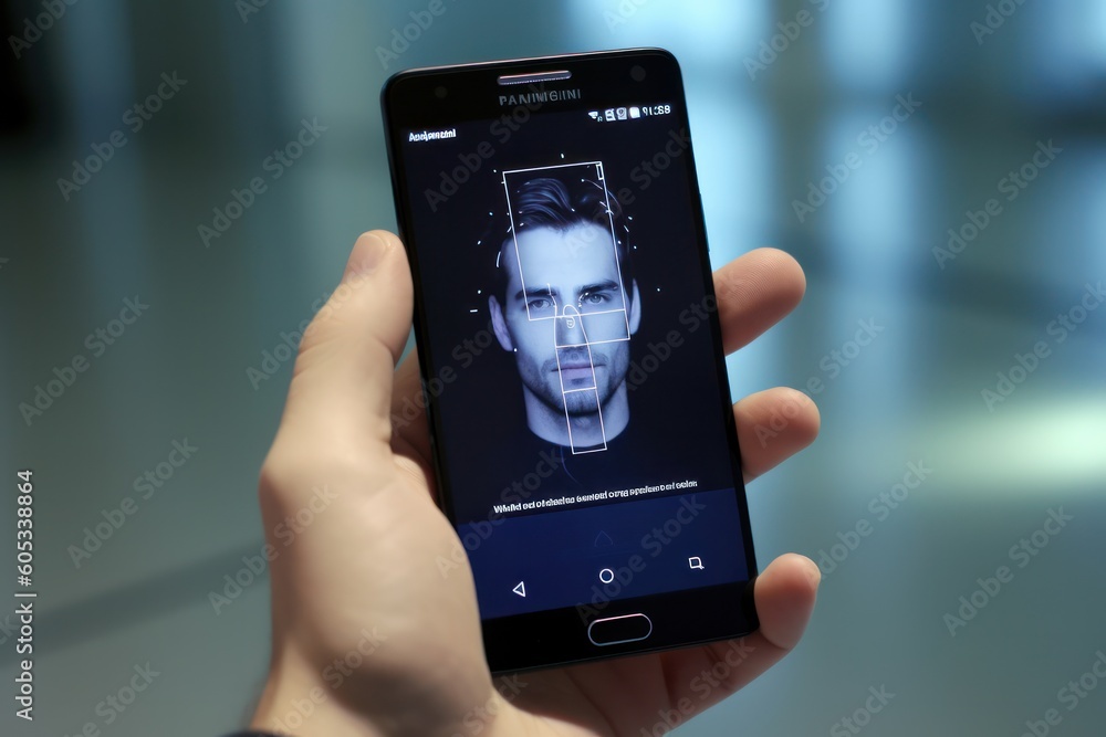 Poster face detection technology, hand holding smartphone facial recognition security user identification